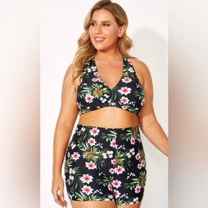 Meet Curve Plus Floral Halter & Boy Short Bikini Bathing Swim Suit 3x NWT